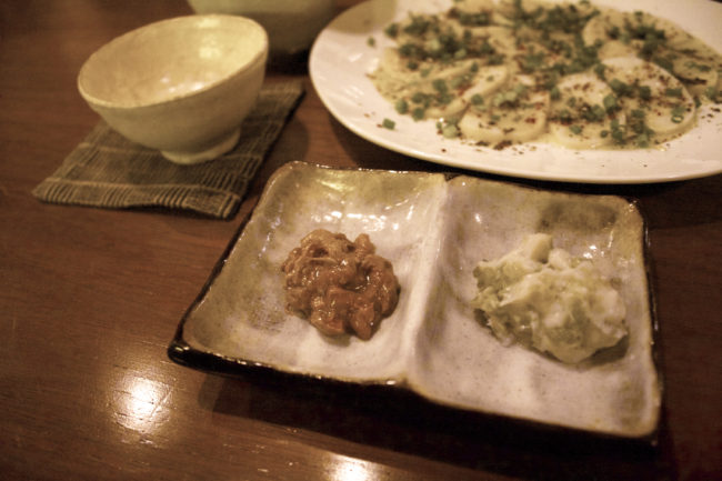 Natto, Potato Salad & Kamaboko Carpaccio